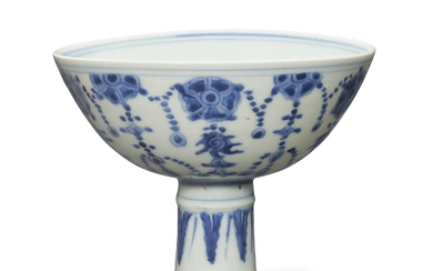 A BLUE AND WHITE `SHOU' STEM CUP CHINA, MING DYNASTY, 17TH CENTURY