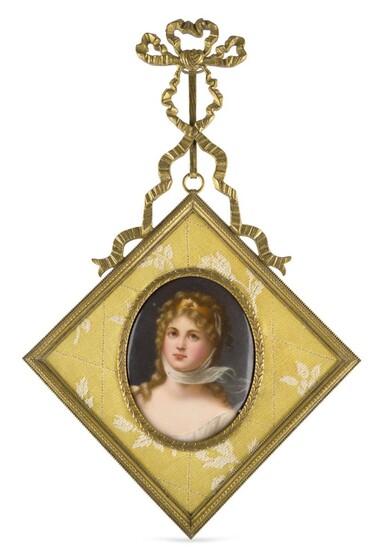 A Berlin porcelain plaque of a maiden, c.1900, indistinct impressed mark, depicted with flowing hair and a headband centred by a star, in a gilt-bronze square frame with ribbon-tied bow mount, the plaque - 9cm high, 6.7cm wide; the frame - 26cm high