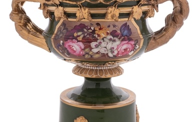A Bloor Derby Warwick vase with vine branch handles, one sid...