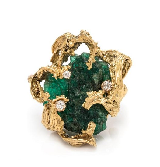 A Brutalist Yellow Gold, Emerald Crystal and Diamond