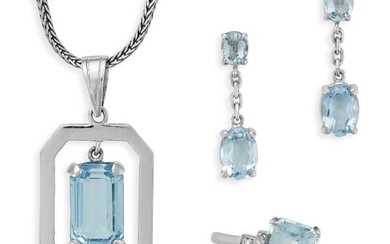 A COLLECTION OF AQUAMARINE JEWELLERY comprising a pendant necklace set with an octagonal step cut