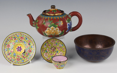 A Chinese cloisonné teapot and cover, early 20th century, of quatrelobed form, decorated with f