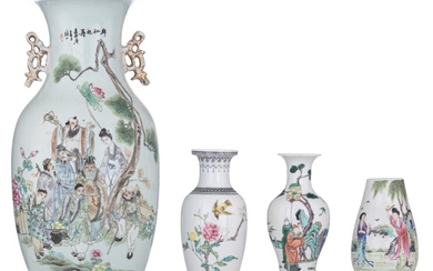 A Chinese famille rose vase and three polychrome...