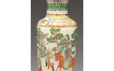 A Chinese famille verte rouleau vase, 20th c, enamelled with...