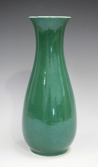 A Chinese green crackle glazed porcelain vase, probably late Qing dynasty, of slender baluster form