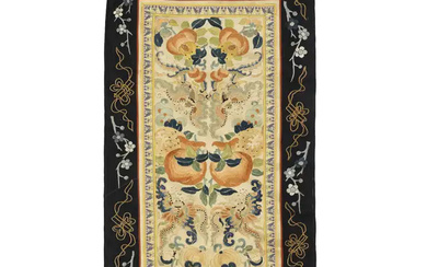 A Chinese silk embroidered 'sanduo' panel Late Qing dynasty Embroidered and stitched...
