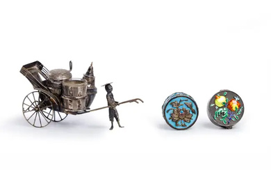 A Chinese silver 'pulled rickshaw' seasoning set and two circular enamelled boxes...