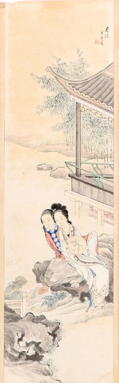 A Chinese watercolour on paper with two women. Signed. Mounted on cardboard. Image 139×39 cm.