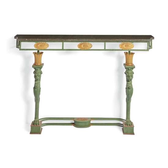 A DIRECTOIRE STYLE GILT BRONZE AND PATINATED CAST IRON CONSOLE D'APPLIQUE, 20TH CENTURY