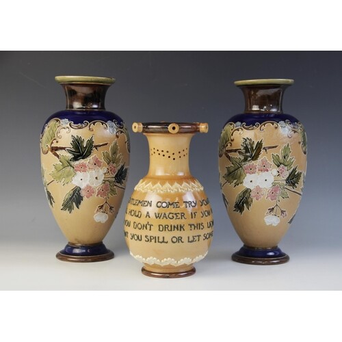 A Doulton Lambeth stoneware puzzle jug, titled 'Here gentlem...