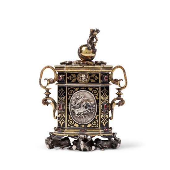 A French Parcel-Gilt Silver, Jewel, and Enamel Vesta Box, Jules Wièse for François-Désiré Froment-Meurice, Paris, Circa 1848