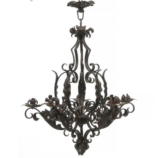 A French five-light wrought iron chandelier. Ca. 1900. H. 65 cm. Diam. 60 cm.