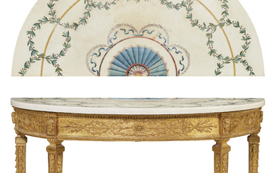 A GEORGE III GILTWOOD DEMI-LUNE SIDE TABLE WITH A SCAGLIOLA-INLAID...