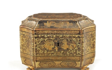 A GOOD 19TH CENTURY CHINESE EXPORT LACQUER WORK TEA CADDY wi...