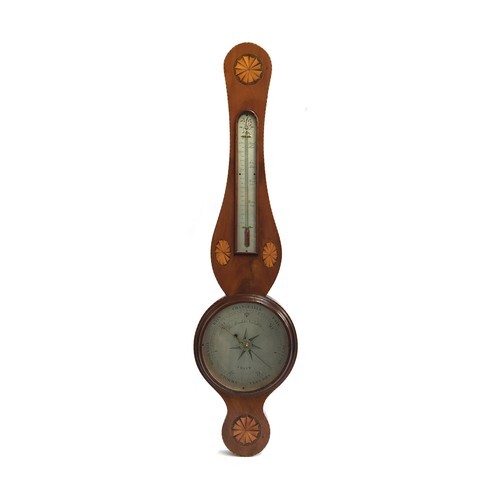 A George III inlaid mahogany banjo barometer, the silvered d...