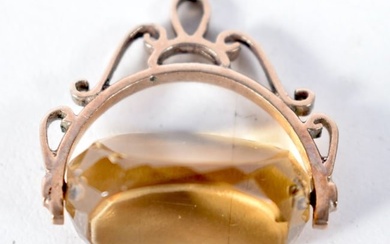 A Georgian 9 Carat Gold and Citrine Intaglio Fob Triple Spinner Seal - Un-engraved. Stamped 9CT, 2.