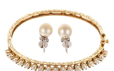 A Gold & Pearl Bangle and Pearl & Diamond Earrings