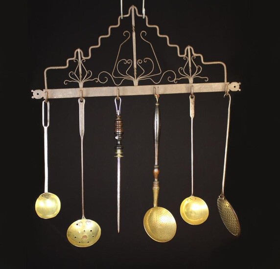 A Group of 18th/19th Century Kitchen Utensils on a Hanging Wrought Iron Rack fitted with six hooks a