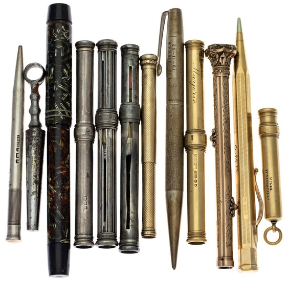 A Group of Fine Writing Implements Including two hallmarked 9 carat gold and five silver pens a...
