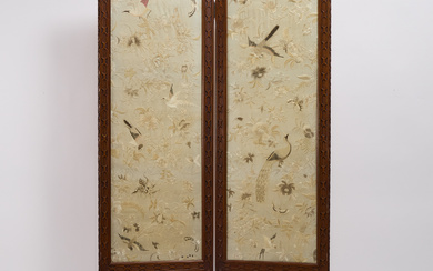 A Japanese Embroidered 'Birds and Flowers' Silk Mounted Screen, Meiji Period (1868-1912)