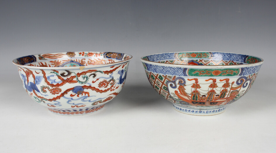 A Japanese Imari 'Black Ship' porcelain circular bowl, Meiji period, painted inside and ou