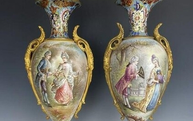 A LARGE PAIR OF CHAMPLEVE ENAMEL & SEVRES VASES