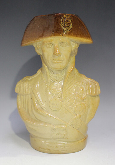 A Lord Nelson stoneware jug, probably Doulton & Watts, circa 1840-50, modelled as a half-length