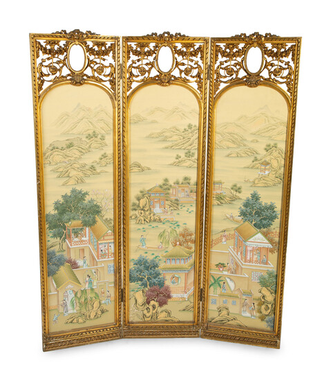 A Louis XVI Style Giltwood Screen with Hand Painted Chinoiserie Panels