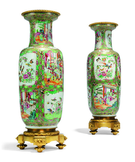 A PAIR OF FRENCH ORMOLU-MOUNTED CHINESE FAMILLE ROSE PORCELAIN VASES