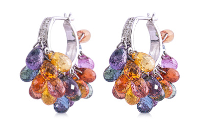 A PAIR OF MULTI COLOURED SAPPHIRE BEAD AND DIAMOND EARRINGS