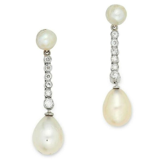 A PAIR OF NATURAL PEARL AND DIAMOND EARRINGS in 18ct