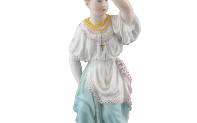 A Russian Imperial Porcelain Factory Figural Candlestick: People of Russia, Young Woman Holding a Basket