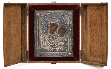 A Russian icon of the Mother of God of Kazan, Moscow, 1908-1296, maker Cyrillic S.G., Christ raising his hand in benediction and the Mother of God leaning towards him, held within silver and cloisonne enamel oklad, on wood panel with velvet lining...