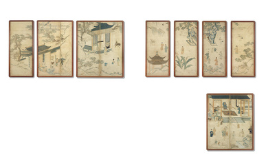 A SET OF EIGHT SILK EMBROIDERED FIGURAL PANELS Korea, 19th...