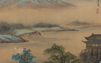 A SET OF FOUR CHINESE WATERCOLOUR PAINTINGS ON SILK DEPICTING LANDSCAPES. (4)