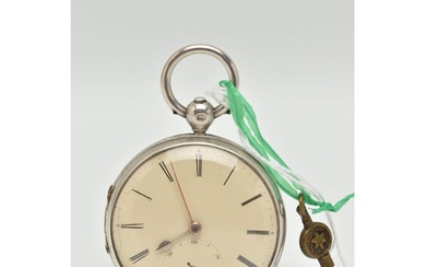 A SILVER EARLY VICTORIAN OPEN FACE POCKET WATCH, key wound m...