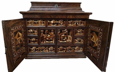 A South German "Kunstkammer Cabinet" probably Nuremberg - the interior with polyhedral marquetry - Ash, Ebony, Ivory, Oak, Walnut, different types of wood, including Fruitwood - escutcheons, hinges and handles probably in Silver - Marquetry: second...