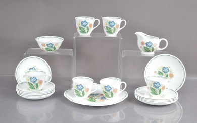 A Susie Cooper bone china teaset in "Blue Gentian" pattern