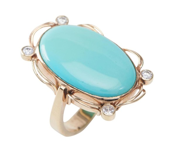 A TURQUOISE AND DIAMOND COCKTAIL RING Featuring an oval turquoise plaque within a decorative scalloped surround, detailed with round...