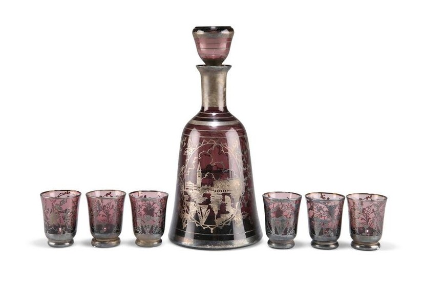 A VENETIAN SILVER LUSTRE AND AMETHYST GLASS DRINKS SET