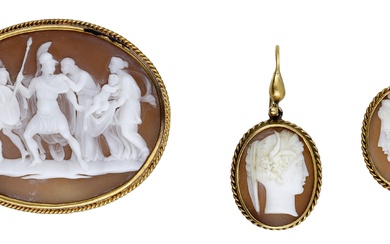 A Victorian shell cameo brooch and a pair of shell cameo ear...