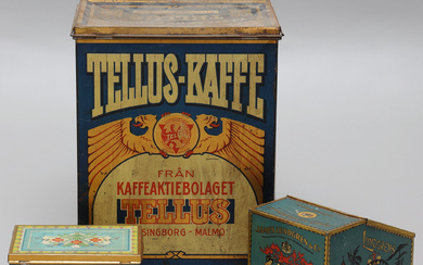 A collection of 3 tin cans, including 64 cm high “Tellus coffee”, tin plate, first half of the 20th century.