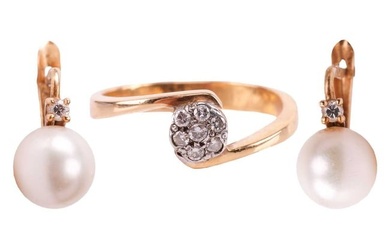 A diamond cluster ring and a pair of pearl and diamond earrings; the ring in a cross-over design wit
