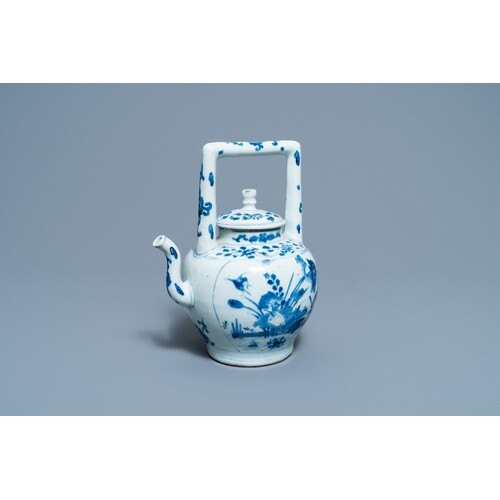 A large Chinese blue and white 'birds' wine ewer and cover, ...