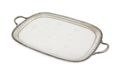 A large George V silver tray, Sheffield, c.1919, Martin Hall & Co., of rectangular form with gadrooned rim and handles, 67cm long (inc. handles) approx. weight 110oz