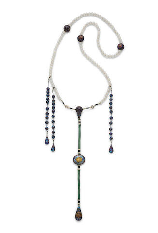 A large opaque white glass and enamel bead necklace, Chao Zhu