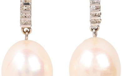 A pair of 9ct white gold whole pearl and diamond drop earrin...