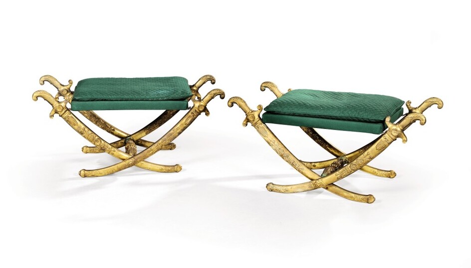 A pair of Empire style gilt-bronze tabourets, late 19th century/early 20th century, after a model by Francois-Honoré-Georges and Georges Jacob