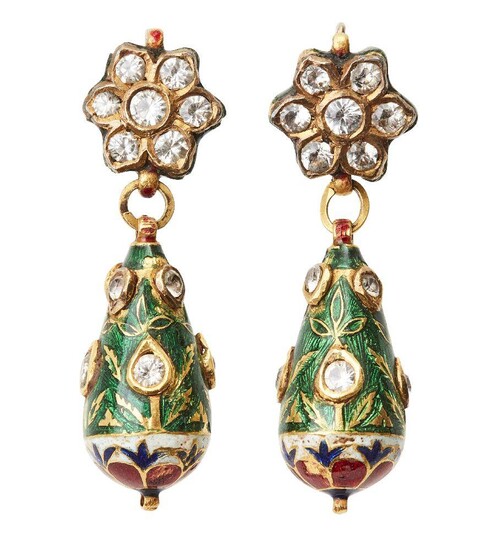 A pair of diamond set and enamelled gold earrings, India, 19th century, formed of a flower head set with diamonds, a drop shape suspended below decorated with green, red and white enamel and set with further diamonds, total weight 17 grams