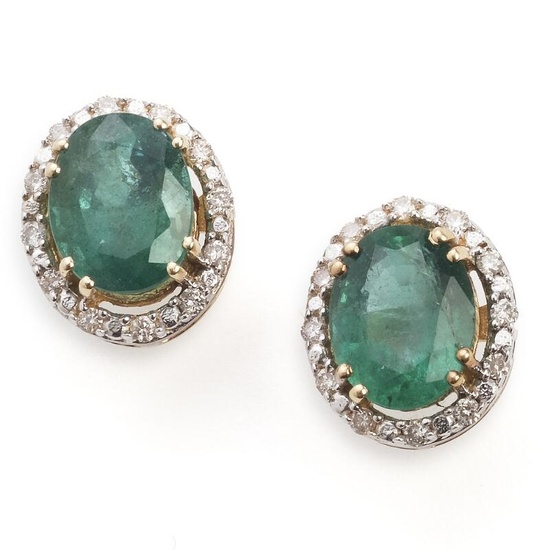 A pair of emerald and diamond ear studs each set with an...